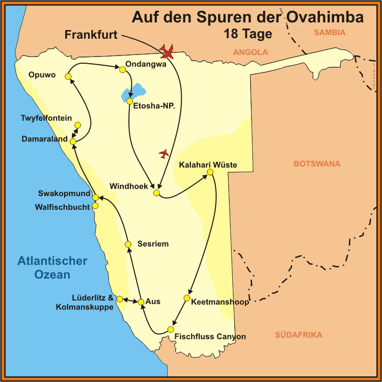 Reiseroute der Namibia Studienreise