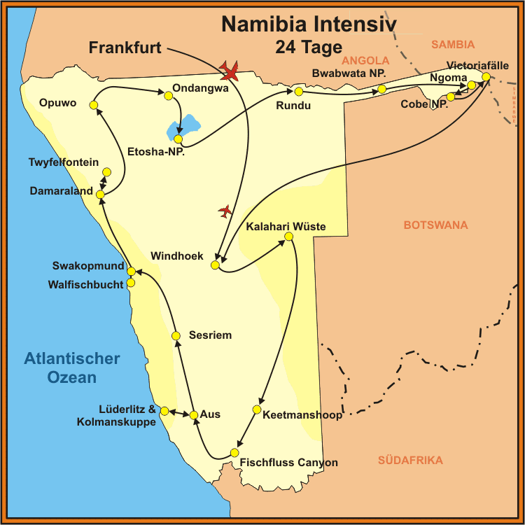 Reiseroute der Namibia Studienreise